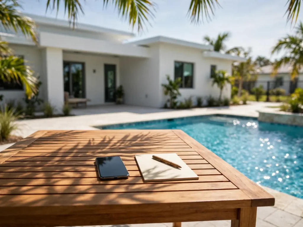 Phone resting on a patio table next to a residential pool