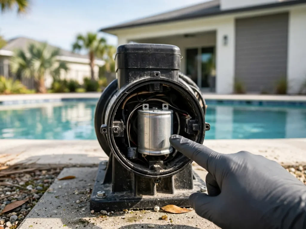 Pool pump motor with its capacitor cover open